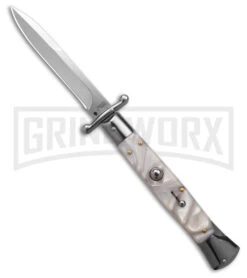 AKC Knives Shop -AKC Knives Shop AKC 10in Italian Stiletto Swinguard White Pearlex Automatic Knife Polish Plain GX 41442 hd large